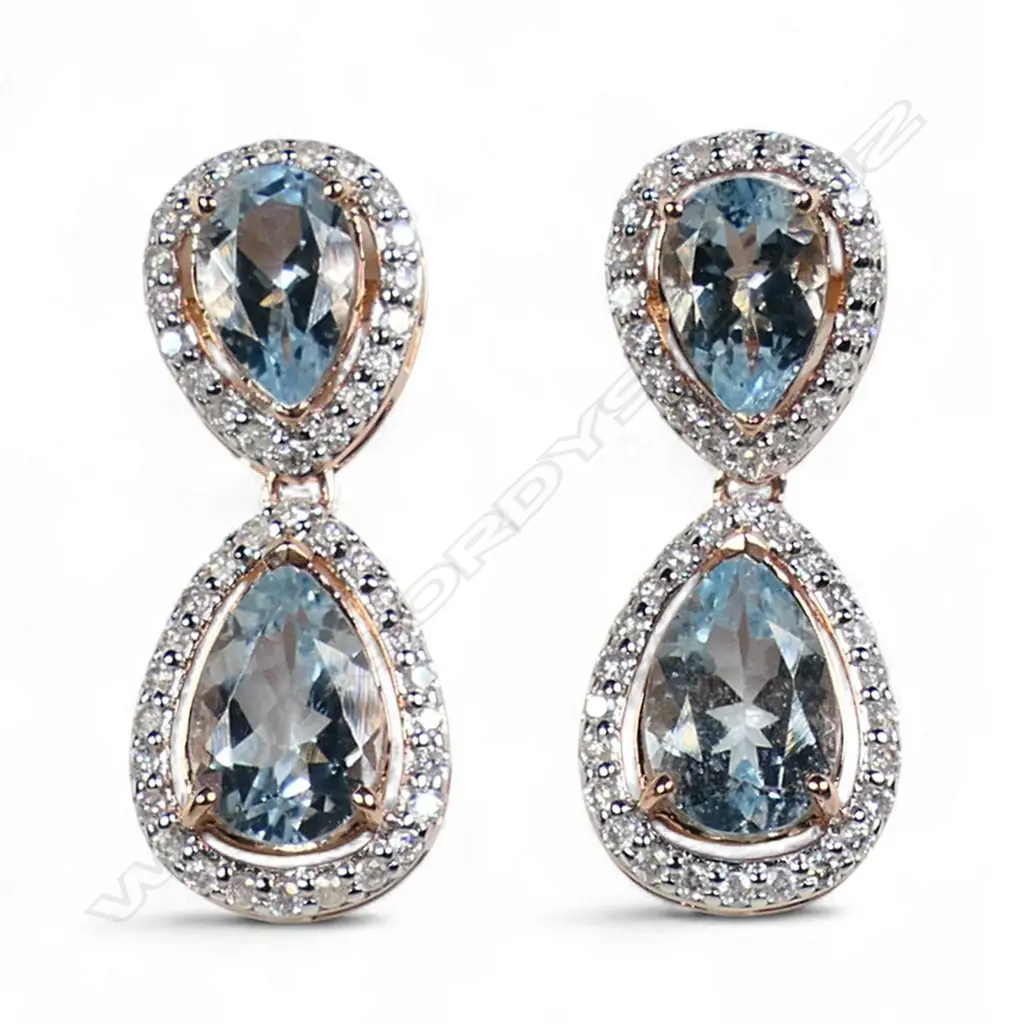 A pair of 14ct rose gold aquamarine and diamond halo drop earrings, Image 1++