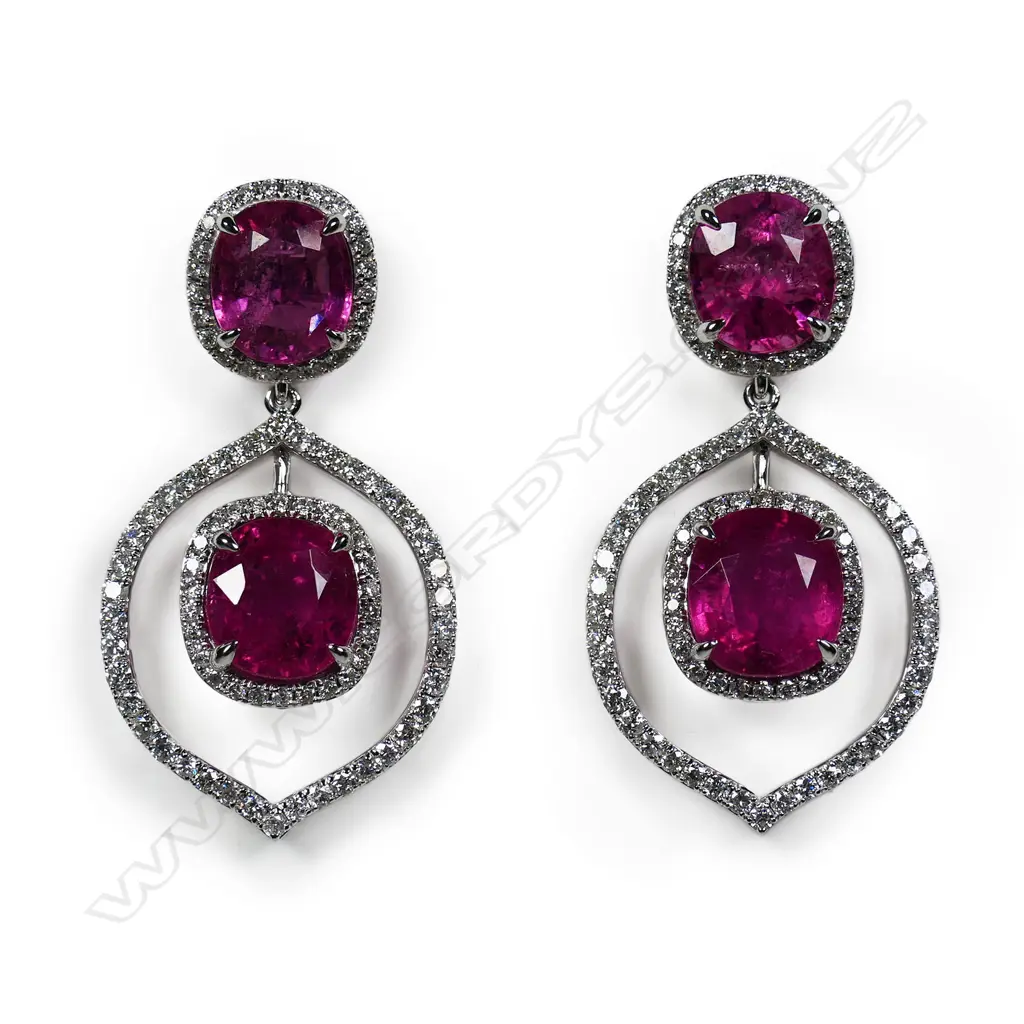 A pair of 18ct white gold diamond and pink tourmaline drop earrings, Image 1++