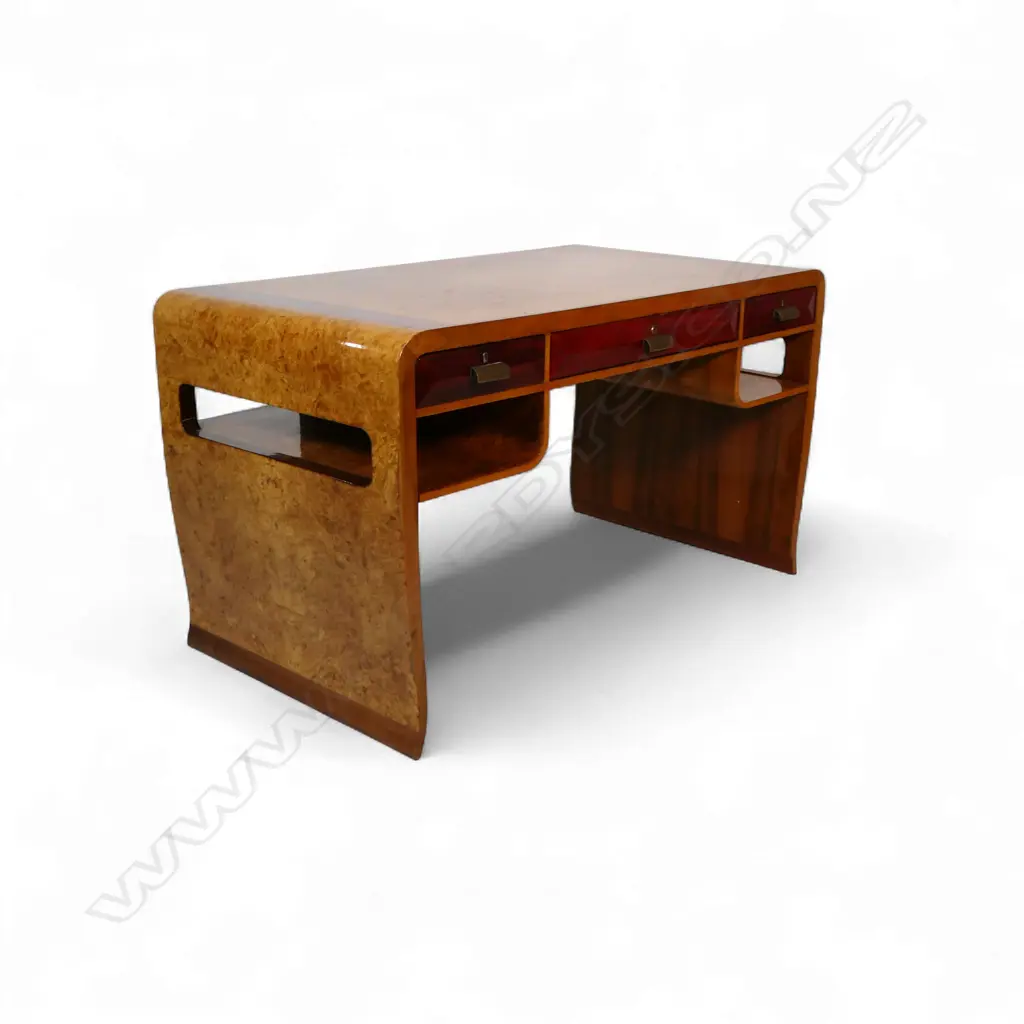 A quality French Art Deco burr walnut desk, Image 1++