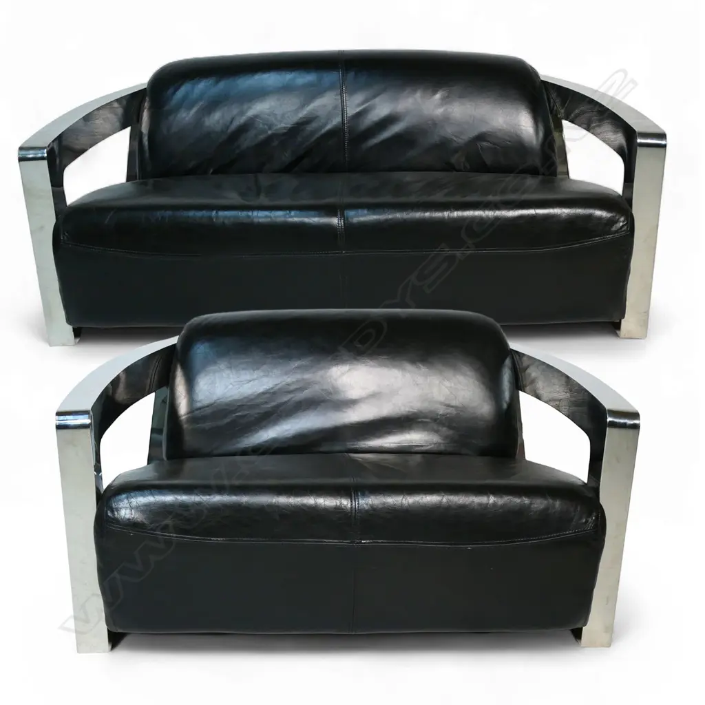 A pair of stylish Art Deco style 'Aviator' chrome and leather couches, Image 1++