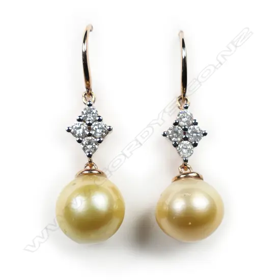A pair of 14ct rose gold, South Sea cultured pearl and diamond antique style earrings,