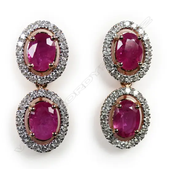 A pair of 14ct rose gold pink sapphire and diamond double drop earrings,