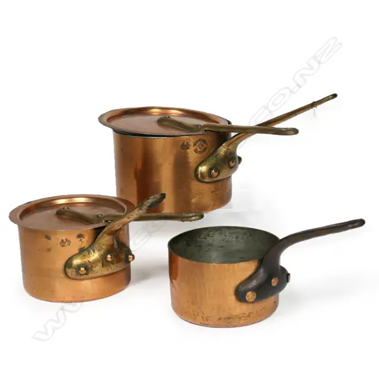 Three vintage copper pans,