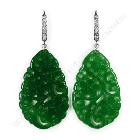 A pair of 14ct gold, jade and diamond drop earrings,