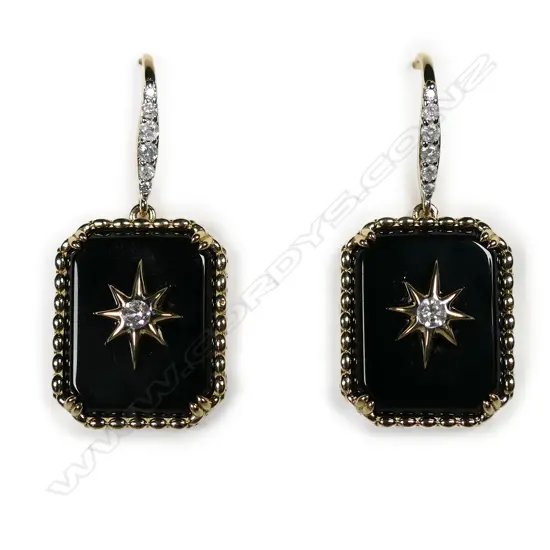 A pair of 14ct gold onyx and diamond drop earrings,