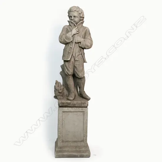 A quality English concrete allegorical garden male figure representing winter - modelled tightening the collar of his long coat. Raised on tall square section plinth base. H.1150mm (including plinth).