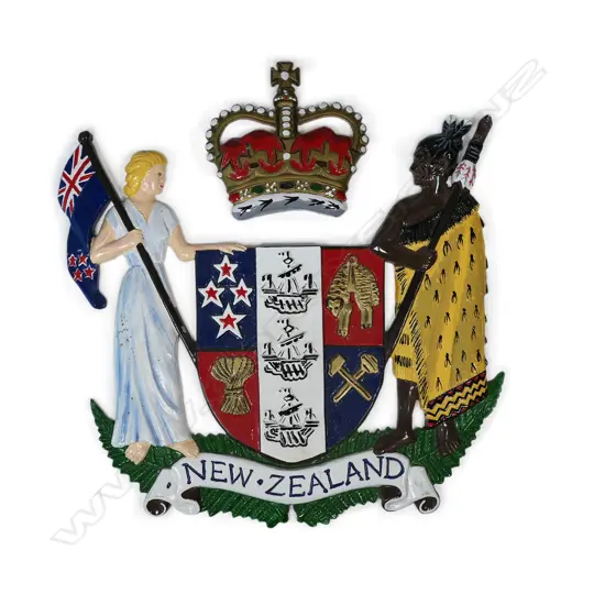 A vintage painted two-piece cast aluminium New Zealand Coat of Arms