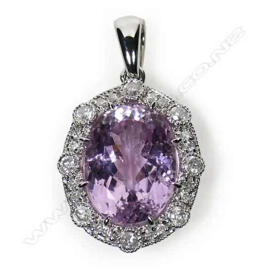 A 14ct white gold kunzite and diamond antique style pendant,