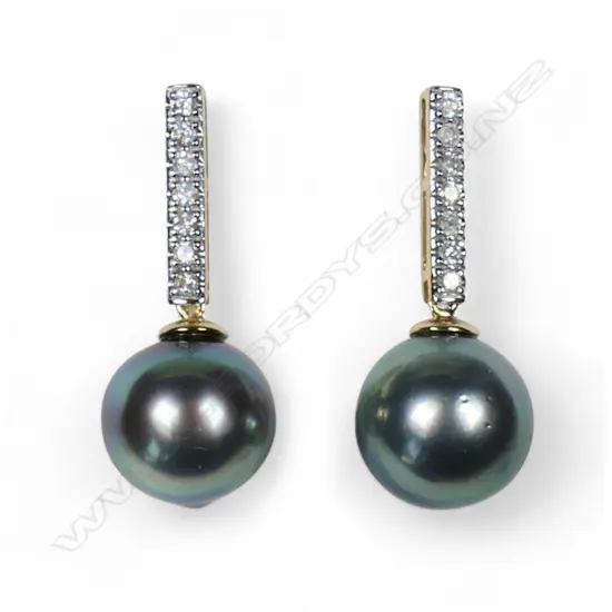 A pair of 14ct gold cultured Tahitian pearl and diamond drop earrings,