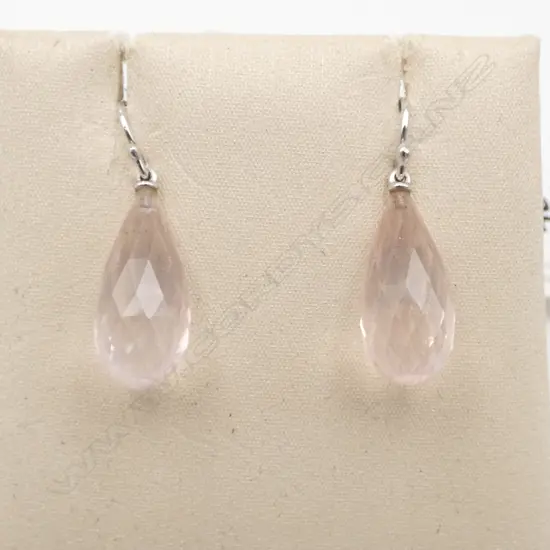 A pair of 18ct white gold and rose quartz drop earrings,