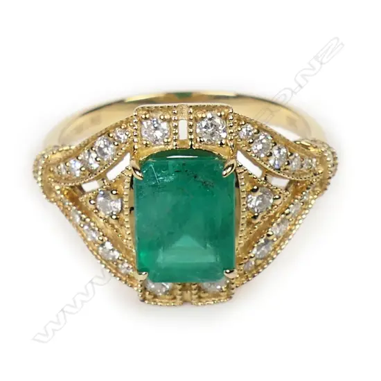 A 14ct gold emerald and diamond Art Deco style ring,