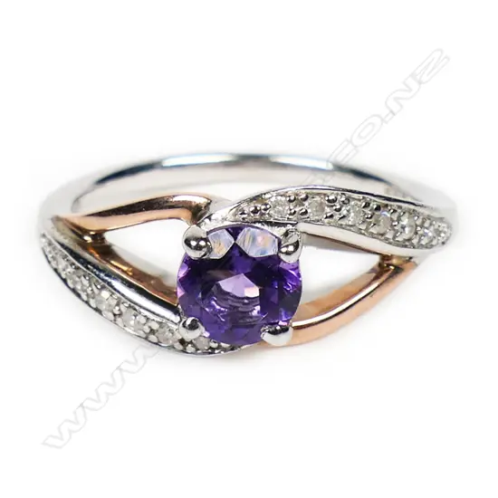 A 9ct rose gold and silver amethyst and diamond ring,