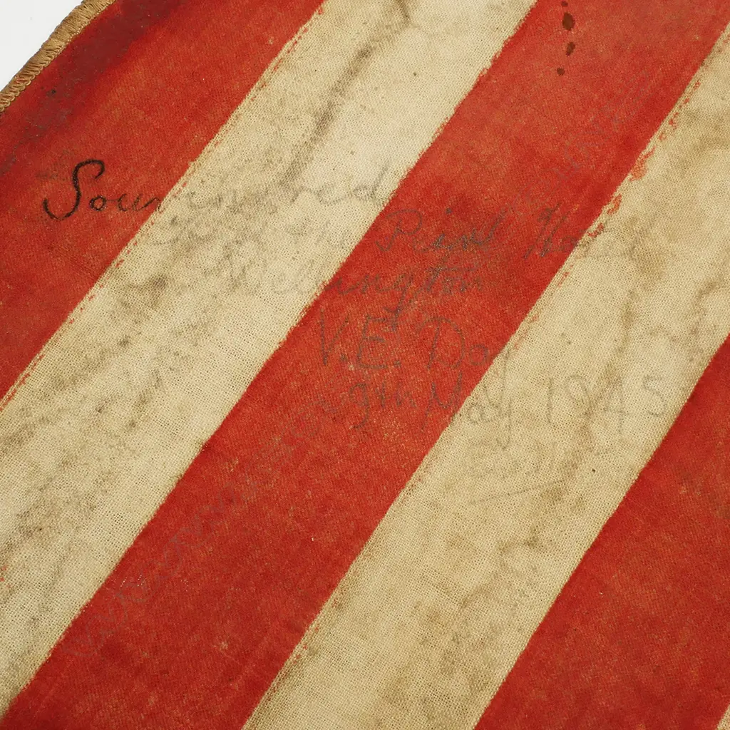 A WWII handmade American 48-star flag with V.E. Day inscription, Image 1++