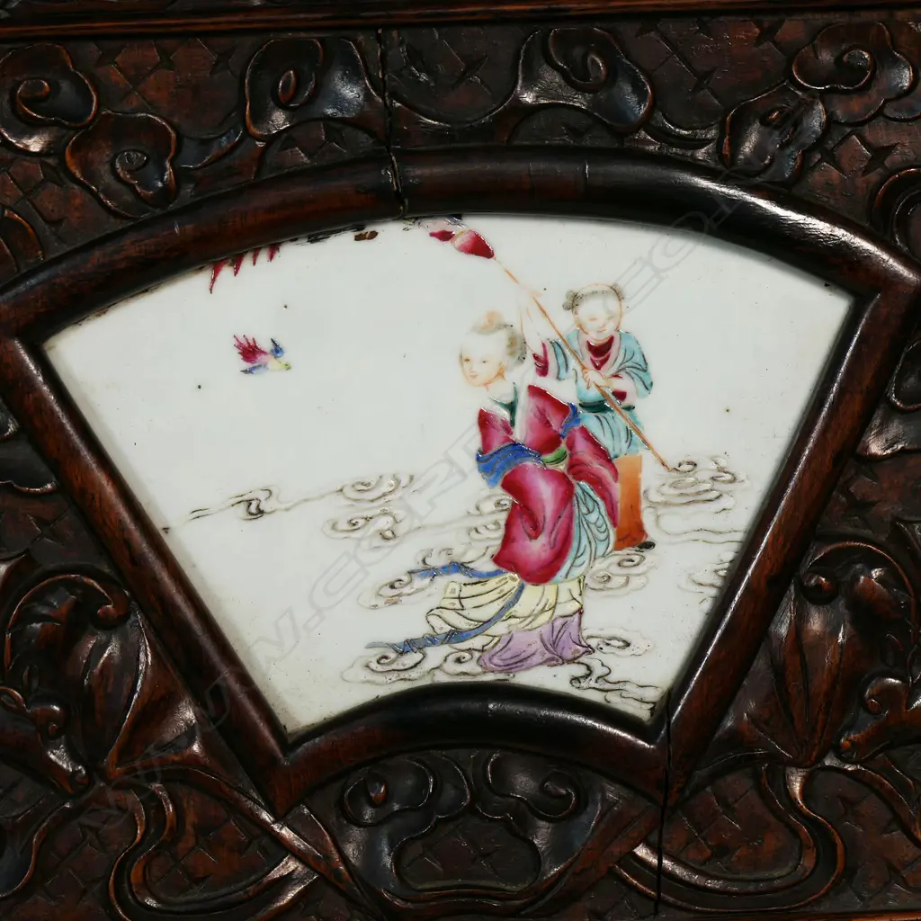 A Chinese Ching decorative carved hardwood and porcelain panelled three section folding screen, Image 1++