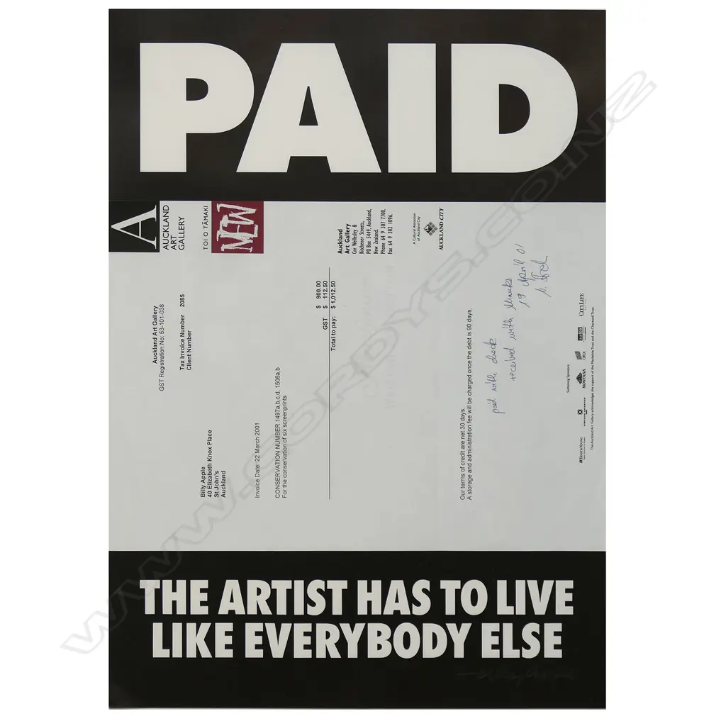 Billy Apple(1935-2021) 'PAID The Artist has to Live Like Everybody Else' Image 1++