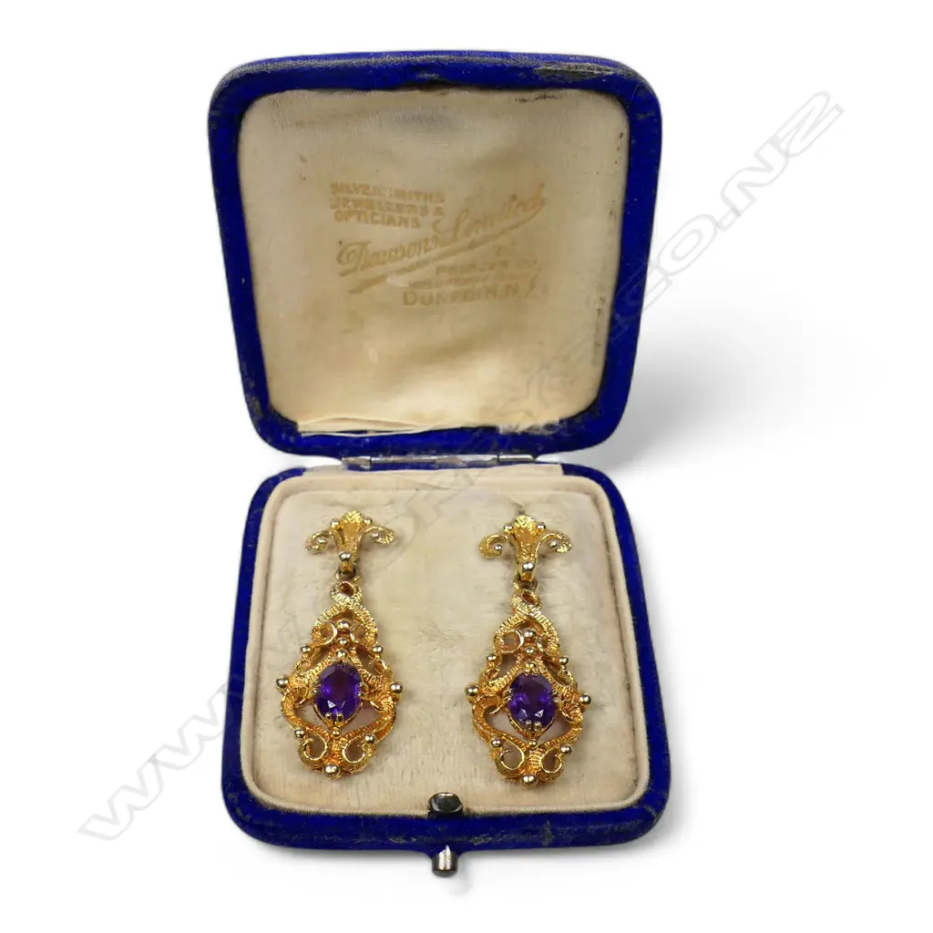 A pair of 9ct gold and amethyst drop earrings, Image 1++