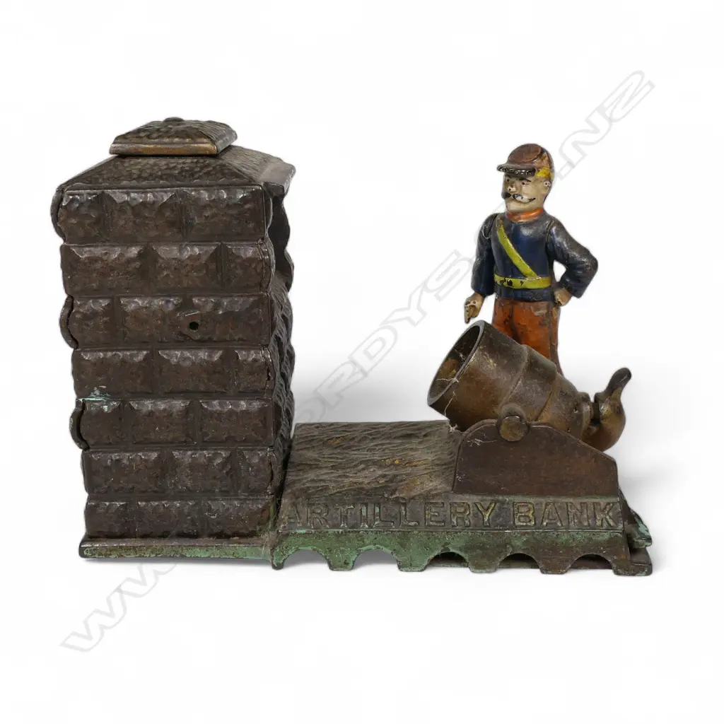 An original 19thC cast-iron mechanical 'Artillery Bank' money bank, Image 1++