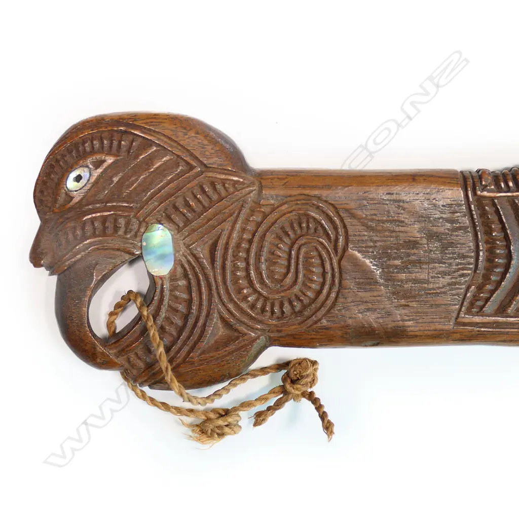 An old finely carved Māori wahaika hand club, Image 1++