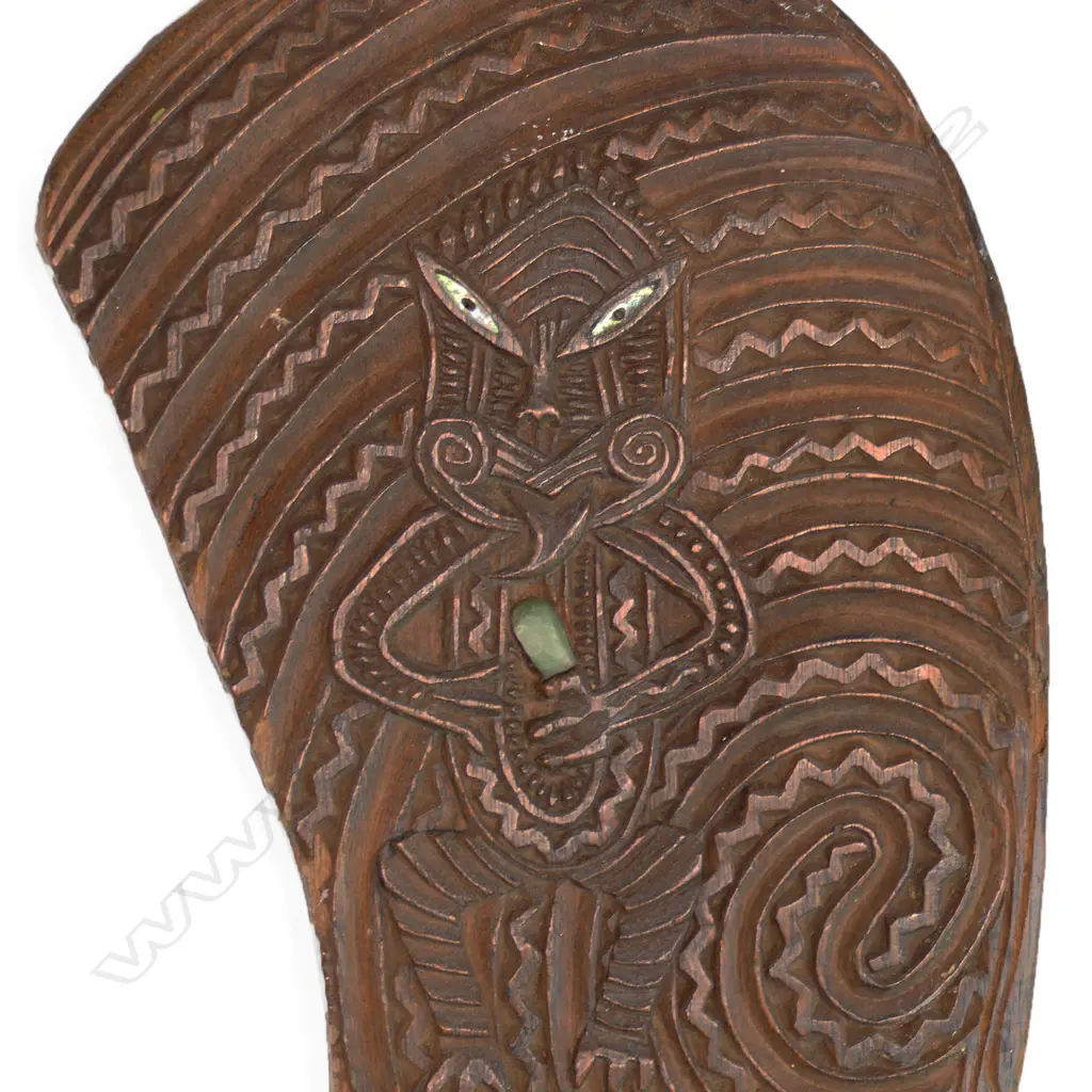 An old finely carved Māori wahaika hand club, Image 1++