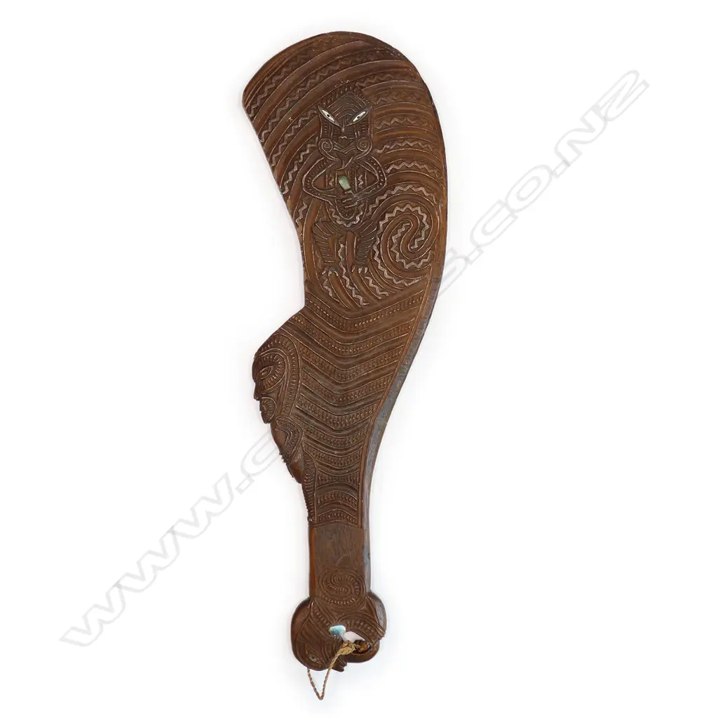An old finely carved Māori wahaika hand club, Image 1++