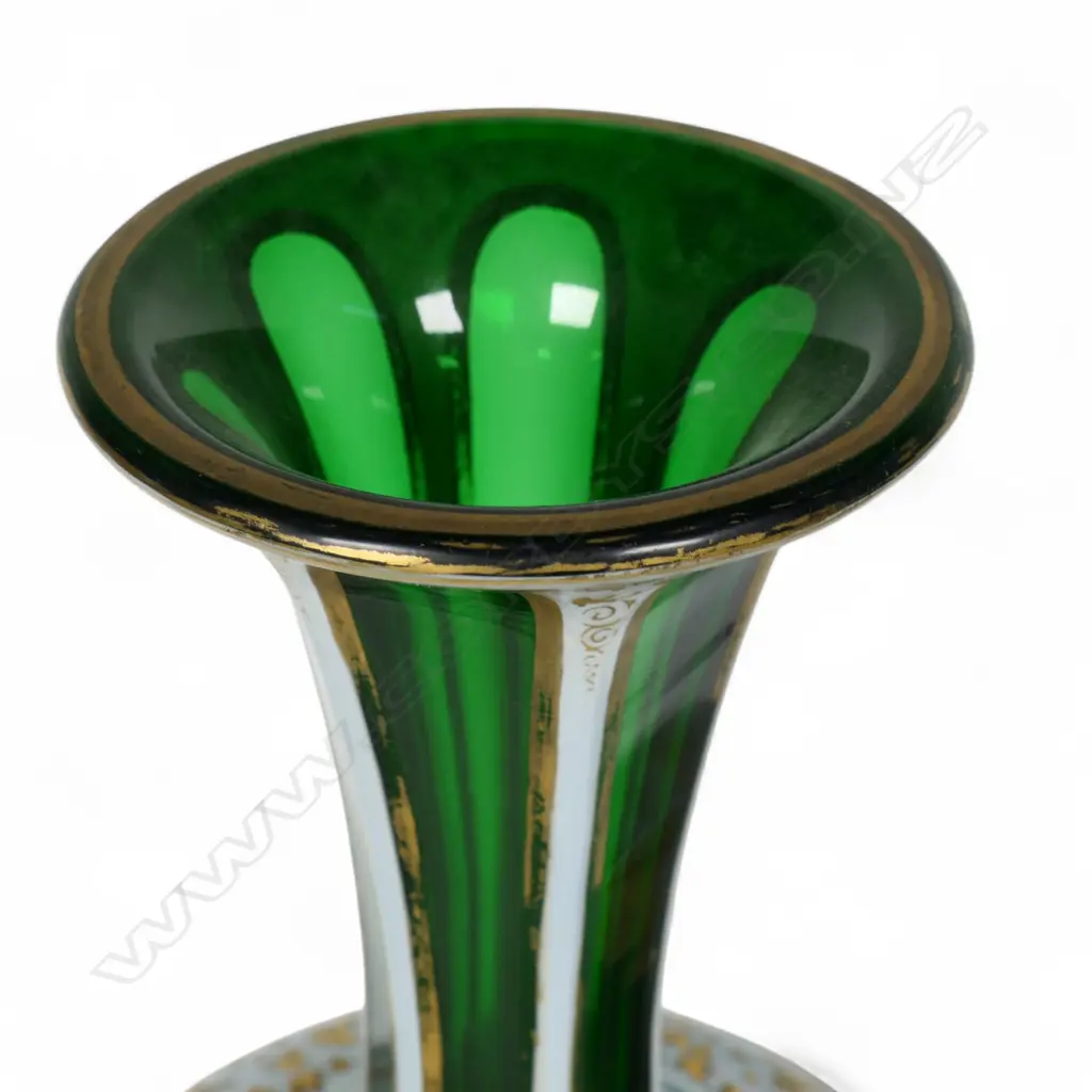 A pair of late 19thC Bohemian white over green glass vases, Image 1++