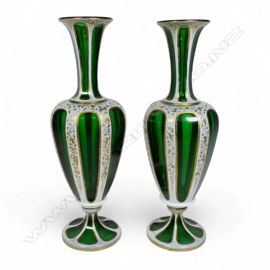 A pair of late 19thC Bohemian white over green glass vases, Image 1++