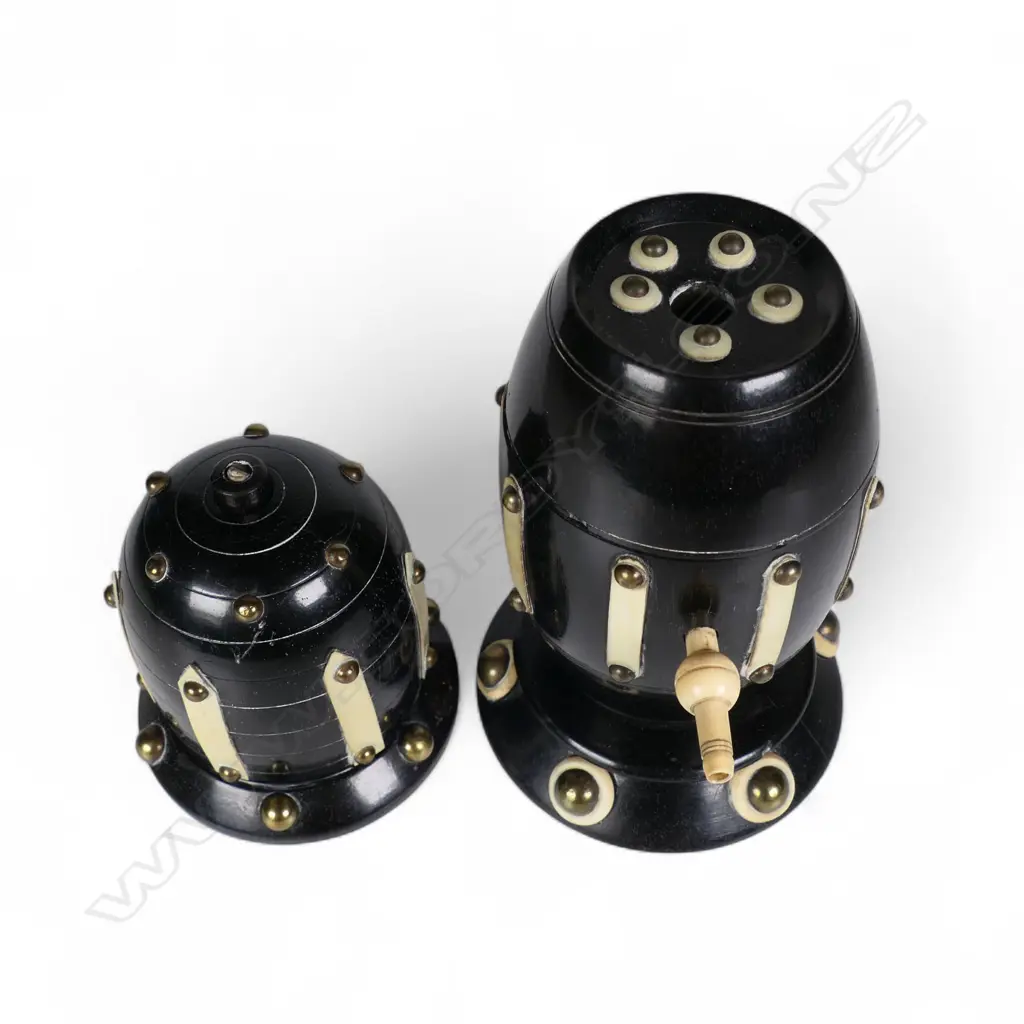 Two 19thC ebony and ivory sewing thread dispensers, Image 1++