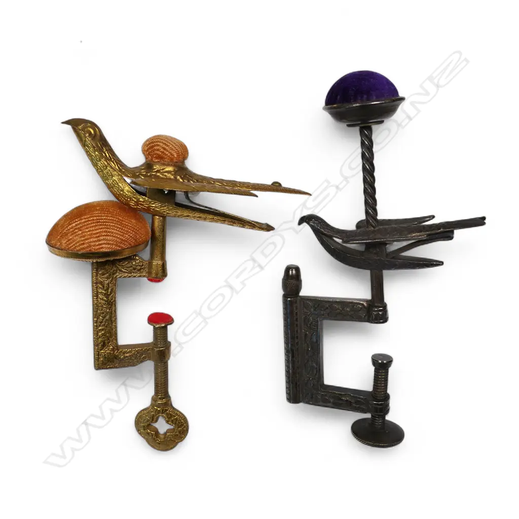 Two late 19thC Hummingbird mounted sewing clamp pin cushions, Image 1++