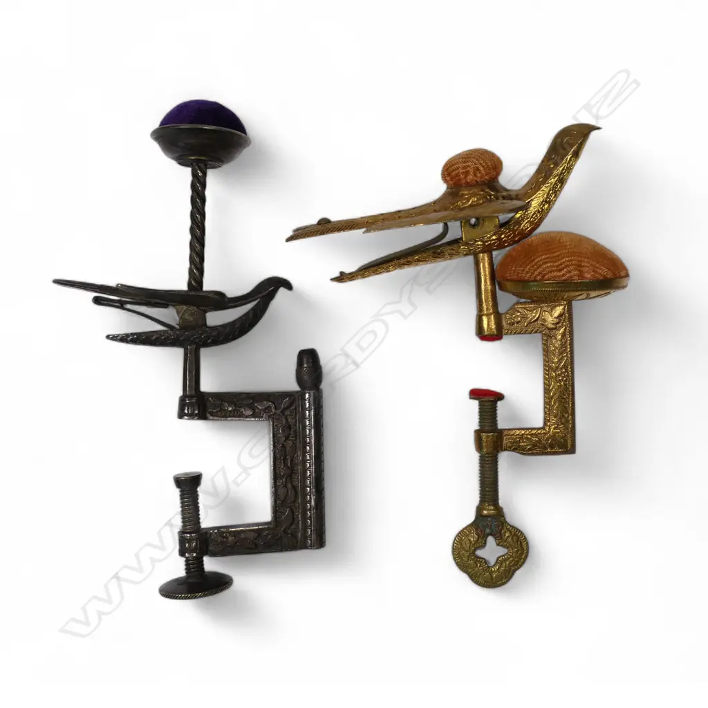 Two late 19thC Hummingbird mounted sewing clamp pin cushions, Image 1++