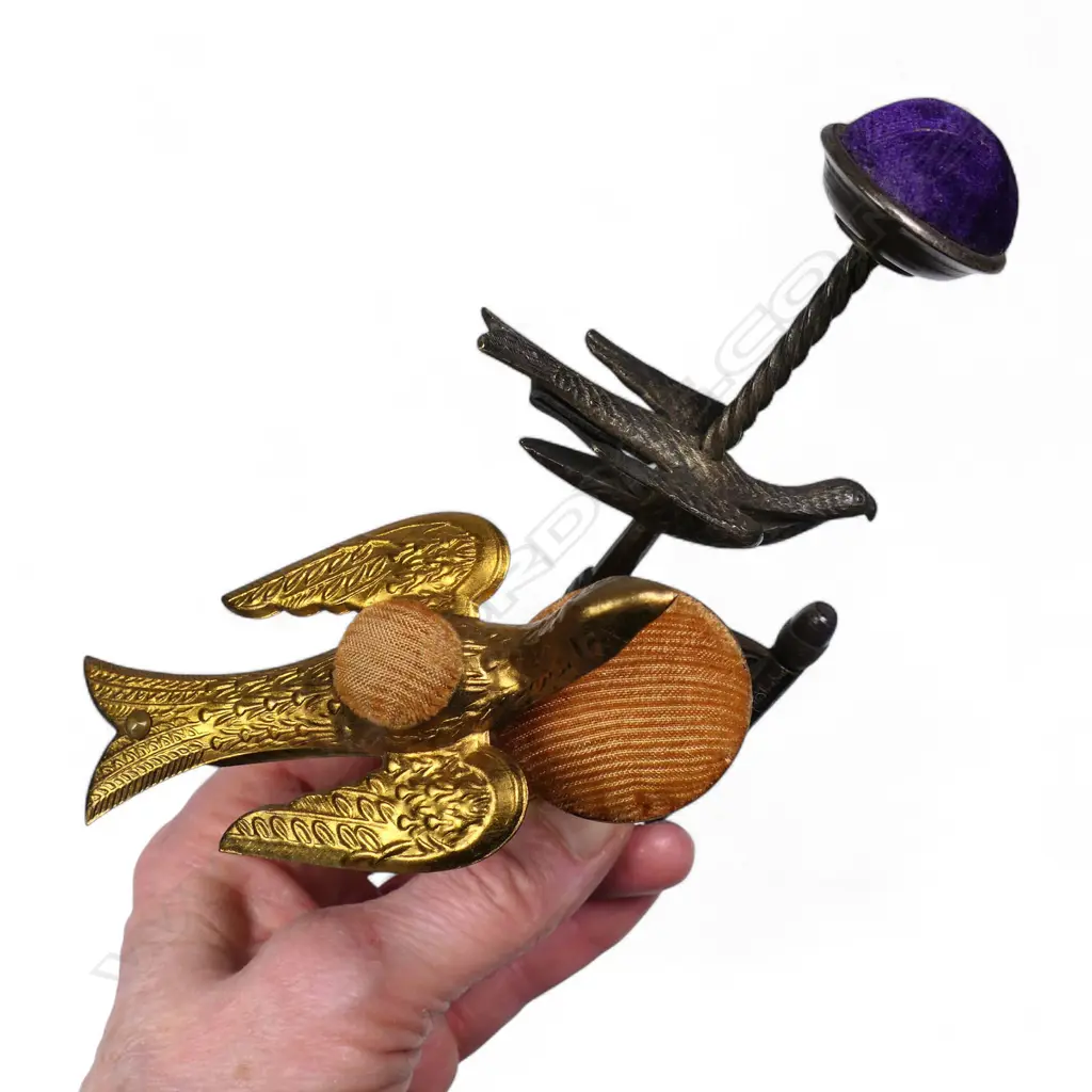 Two late 19thC Hummingbird mounted sewing clamp pin cushions, Image 1++