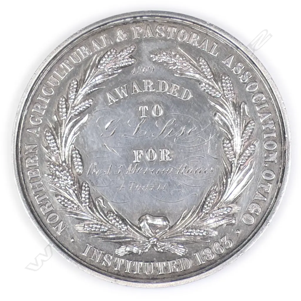 An '1869 NORTHERN AGRICULTURAL & PASTORAL ASSOCIATION OTAGO' medal, Image 1++
