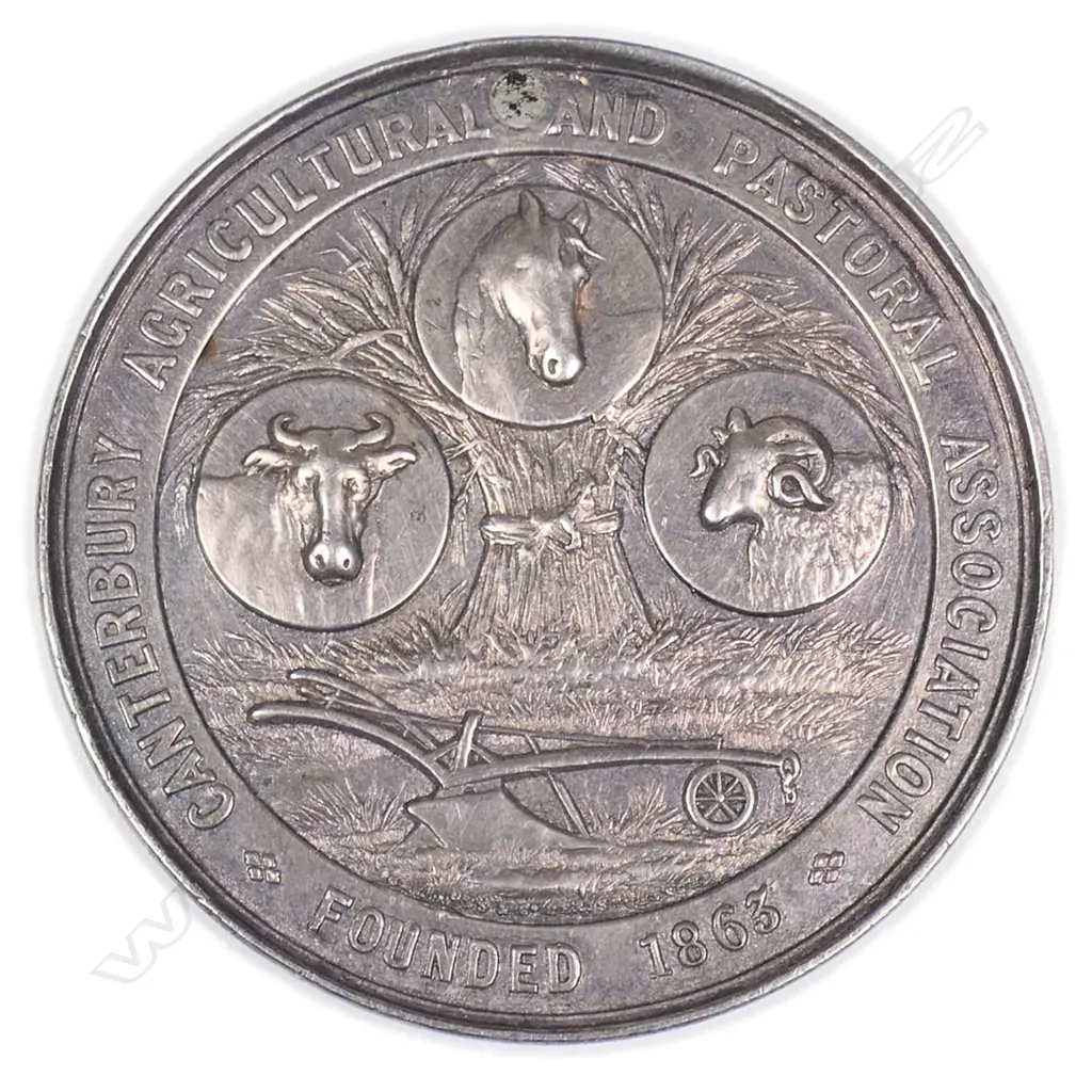 White metal 'CANTERBURY AGRICULTURAL AND PASTORAL ASSOC' medal 'Founded' 1863. Dated 1891 Image 1++