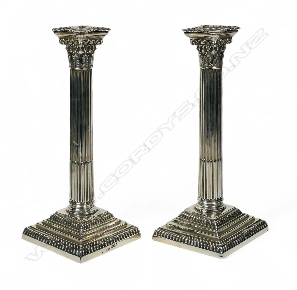 Pair of Victorian silver Corinthian column candlesticks, Image 1++