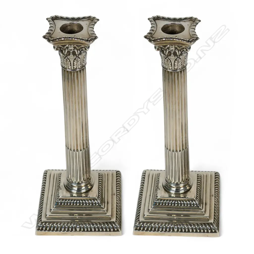 Pair of Victorian silver Corinthian column candlesticks, Image 1++