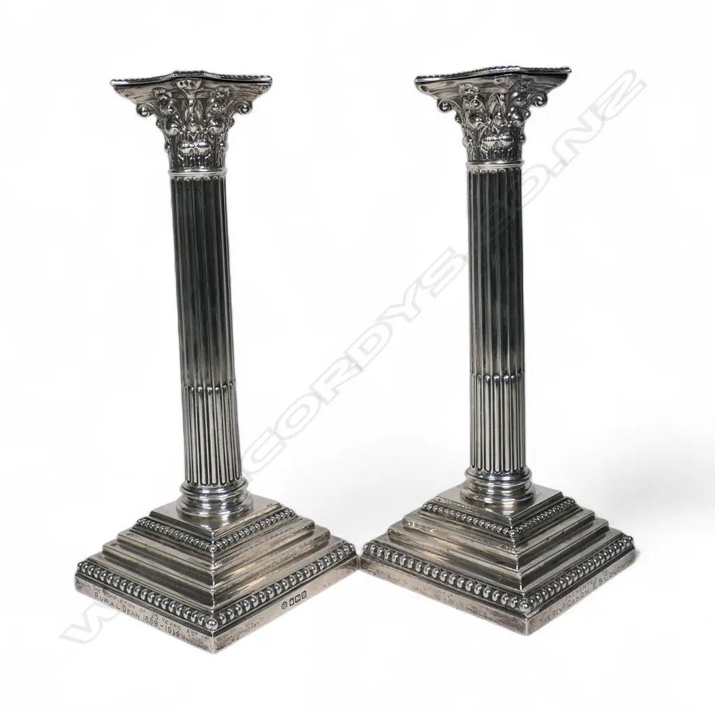A pair of silver Corinthian column candlesticks with Richmond presentation engraving, Image 1++