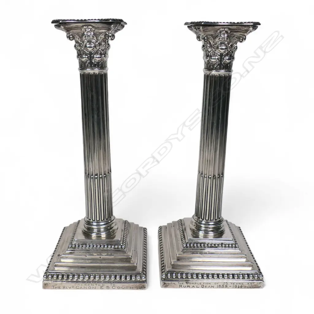 A pair of silver Corinthian column candlesticks with Richmond presentation engraving, Image 1++