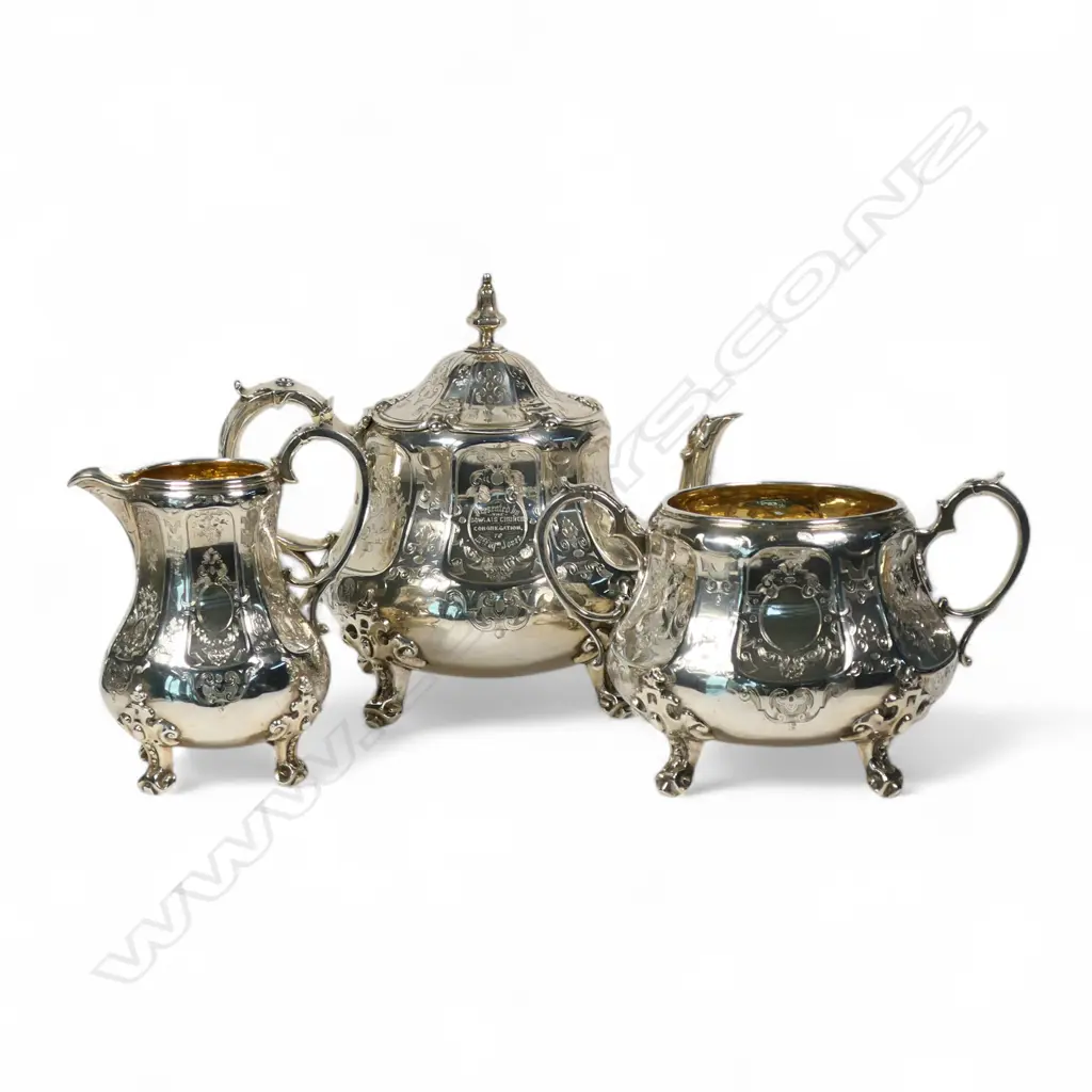 A fancy Victorian silver three-piece tea service, Image 1++