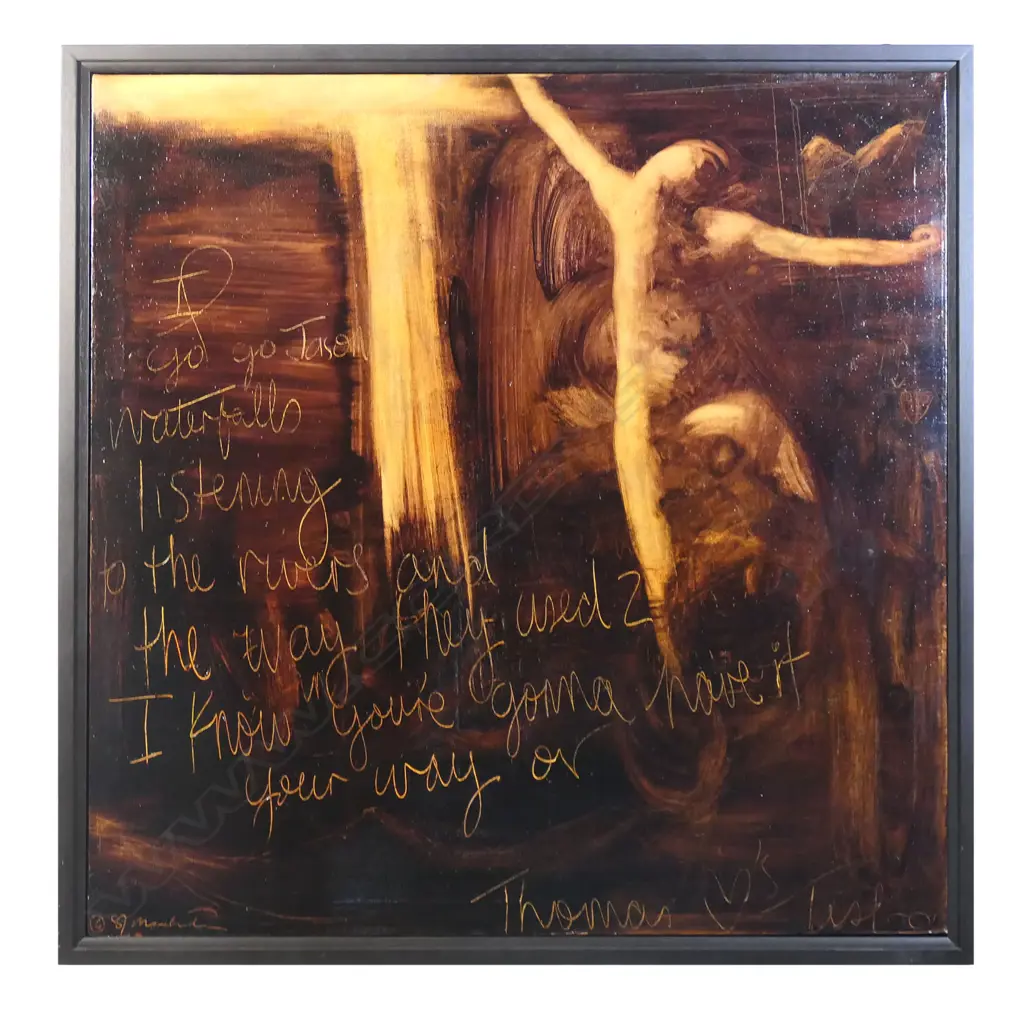 Catherine Manchester (1957-) 'I go go Jason' 1998 - oil on canvas, signed and dated '98 lower left and inscribed: ‘I go go Jason waterfalls listening to the rivers and the way they used 2 flow. I know you're gonna have it your way or’. 1015 x 1015mm. Image 1++