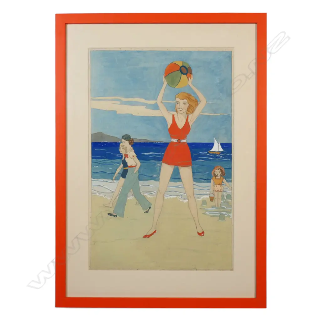 Heather Masters (NZ 1917-2012) Women and Beachball, Image 1++