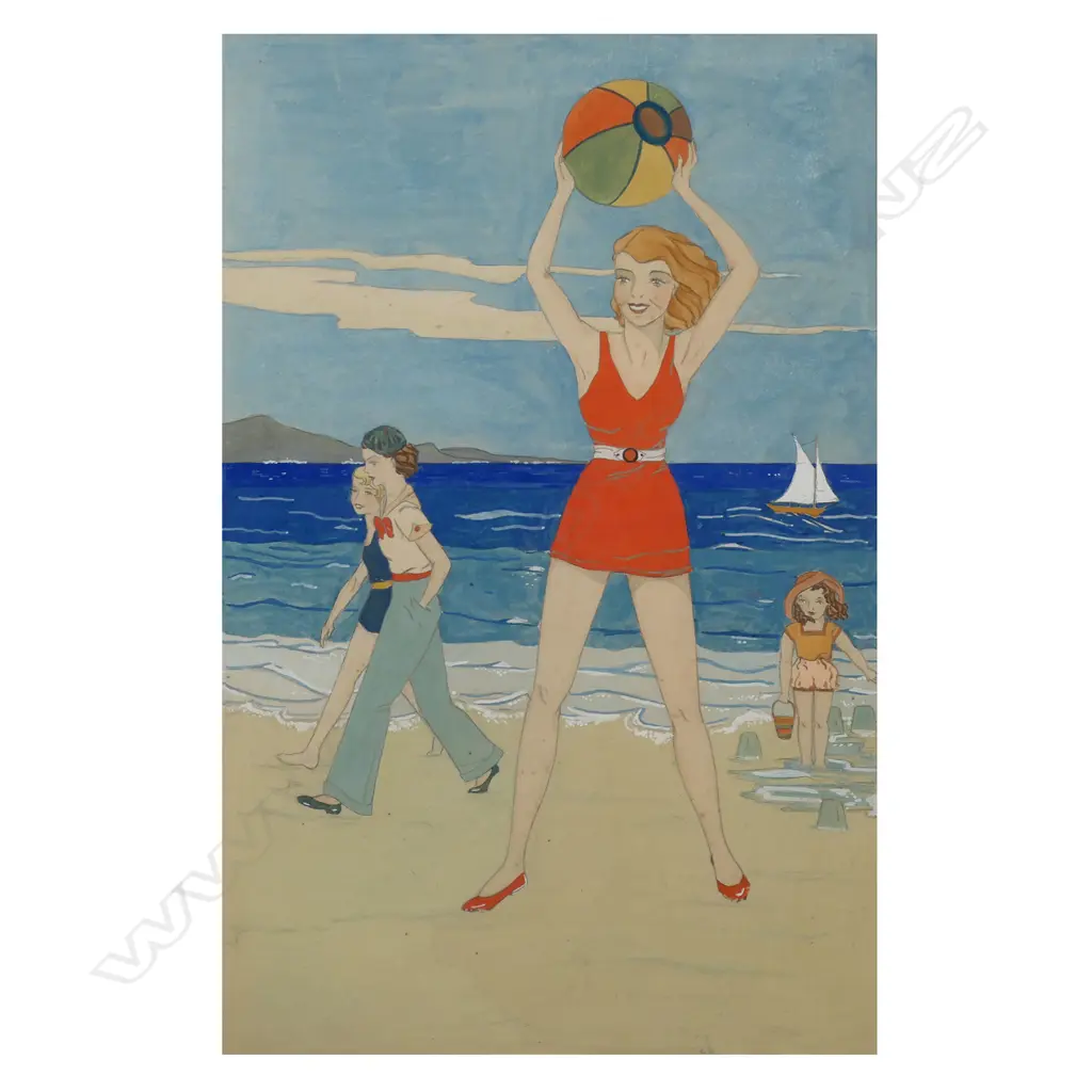 Heather Masters (NZ 1917-2012) Women and Beachball, Image 1++