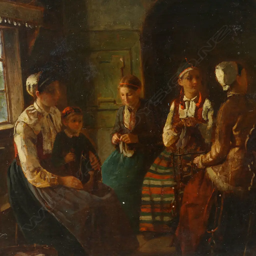 Sven Victor Helander (Sweden 1839-1901) 'Interior Scene with Women Spinning', Image 1++