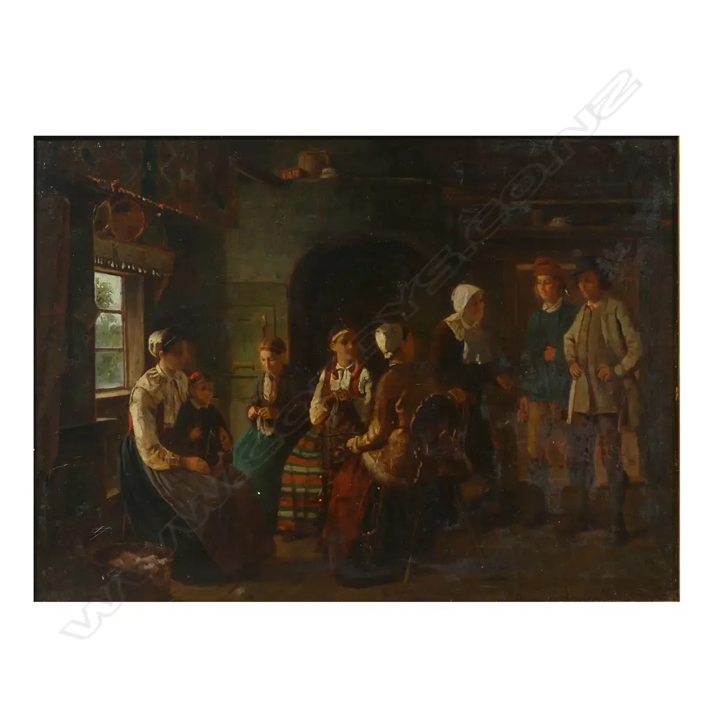 Sven Victor Helander (Sweden 1839-1901) 'Interior Scene with Women Spinning', Image 1++