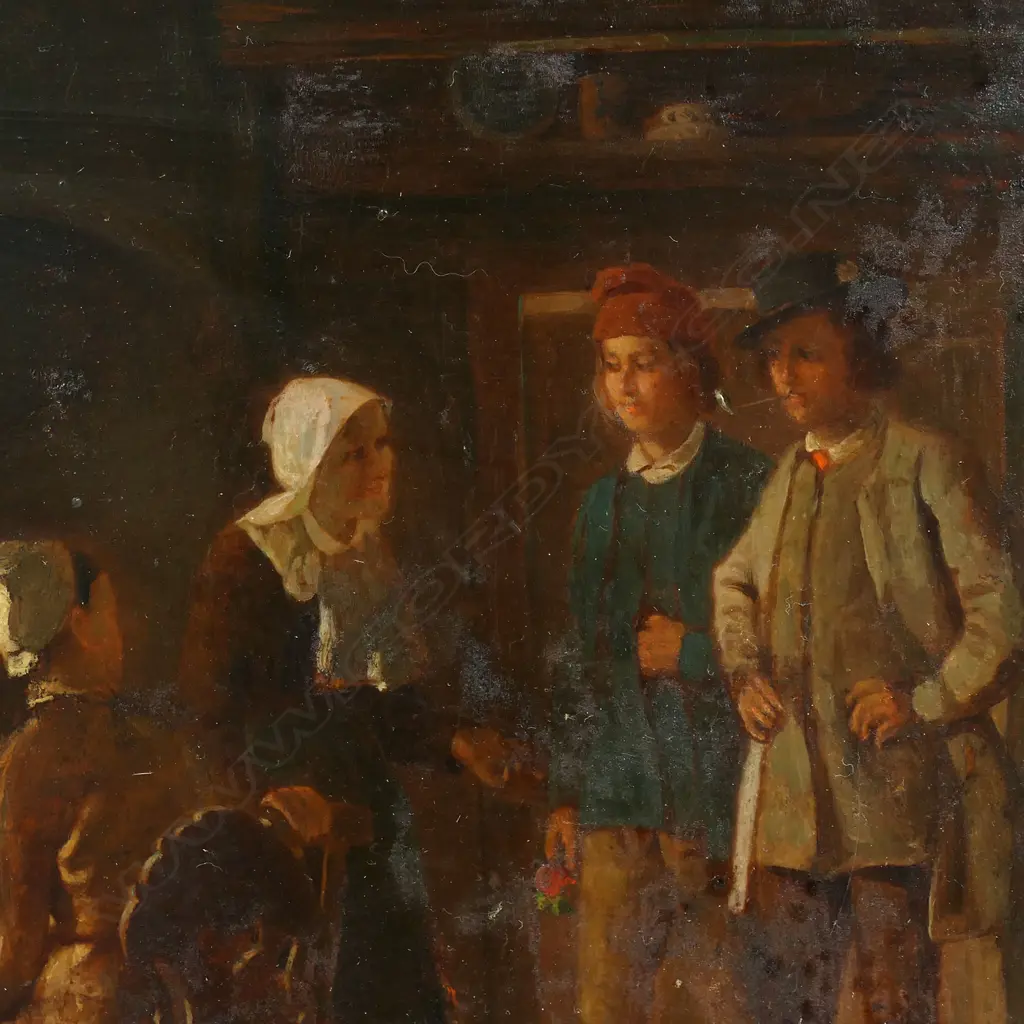 Sven Victor Helander (Sweden 1839-1901) 'Interior Scene with Women Spinning', Image 1++