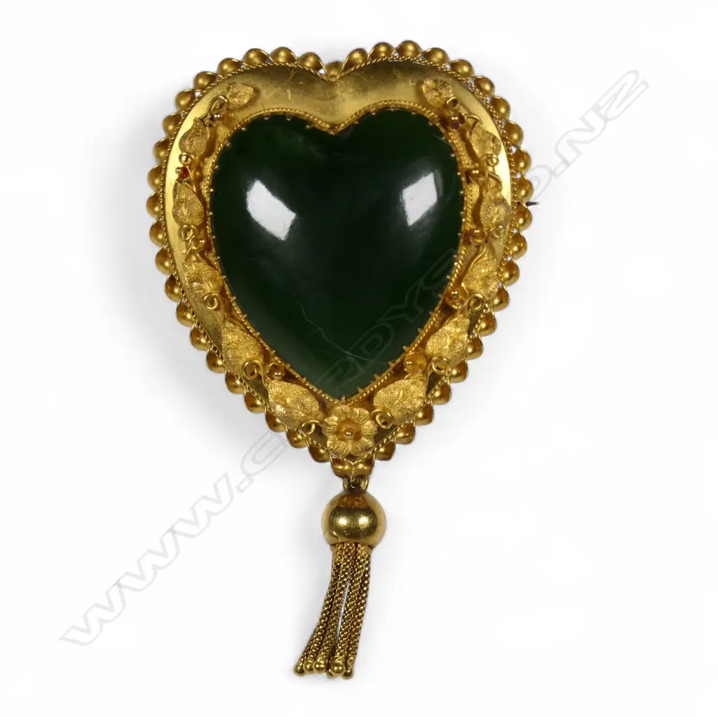 A quality large 19thC colonial 18ct gold and pounamu brooch, Image 1++
