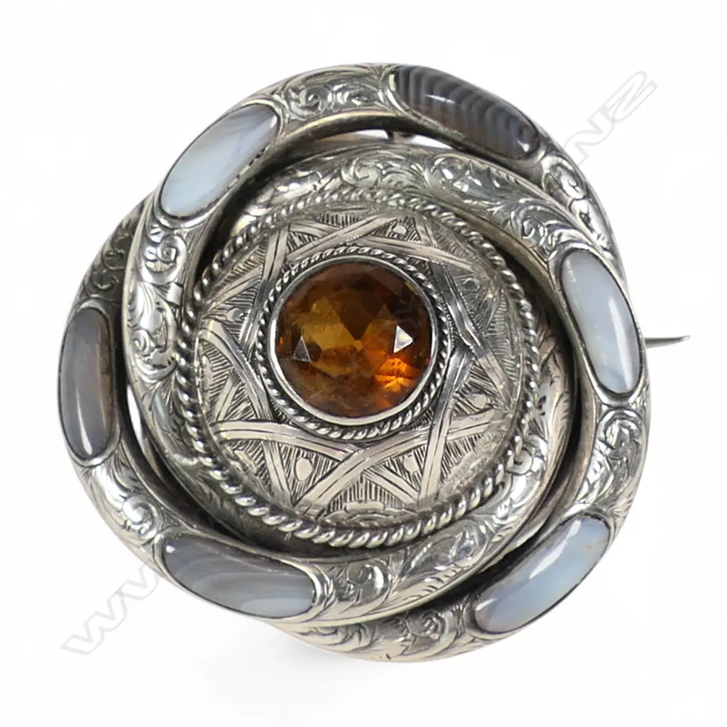A late Victoria silver and large dome set pale agate and citrine brooch, Image 1++