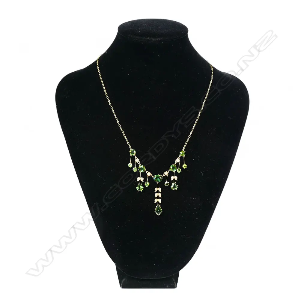 An Edwardian 9ct gold tourmaline and pearl necklace and earring set, Image 1++