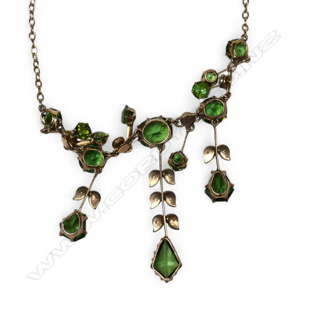 An Edwardian 9ct gold tourmaline and pearl necklace and earring set, Image 1++