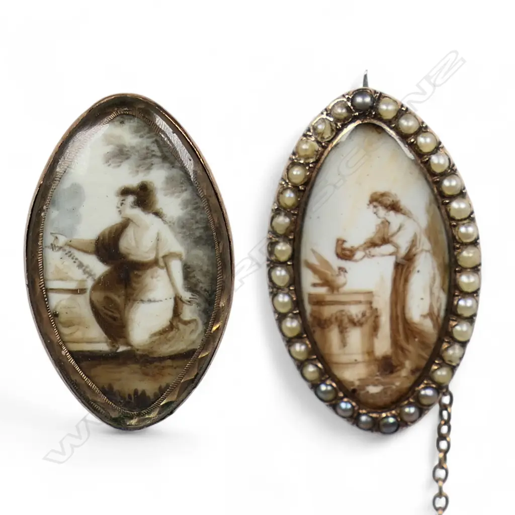 Two early 19thC hand painted on ivory mourning items, Image 1++
