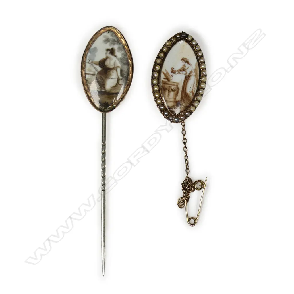 Two early 19thC hand painted on ivory mourning items, Image 1++