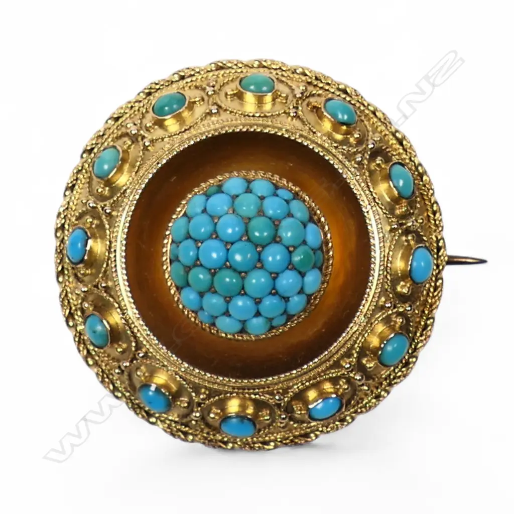 Victorian Etruscan revival 9ct gold and turquoise brooch, Image 1++